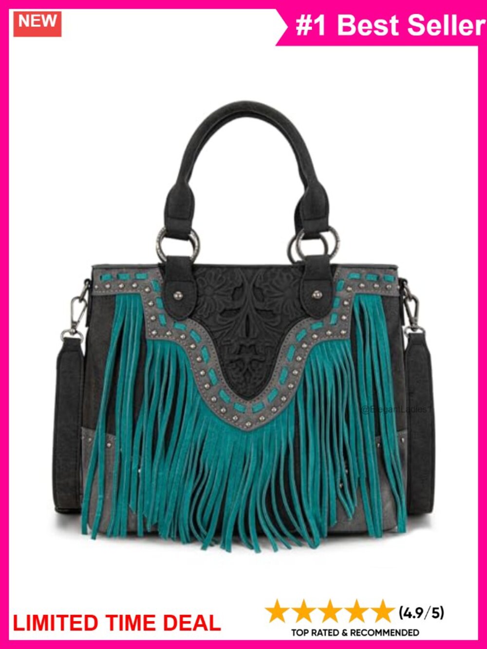 Western Floral Tooled Leather Tote Bag with Fringe